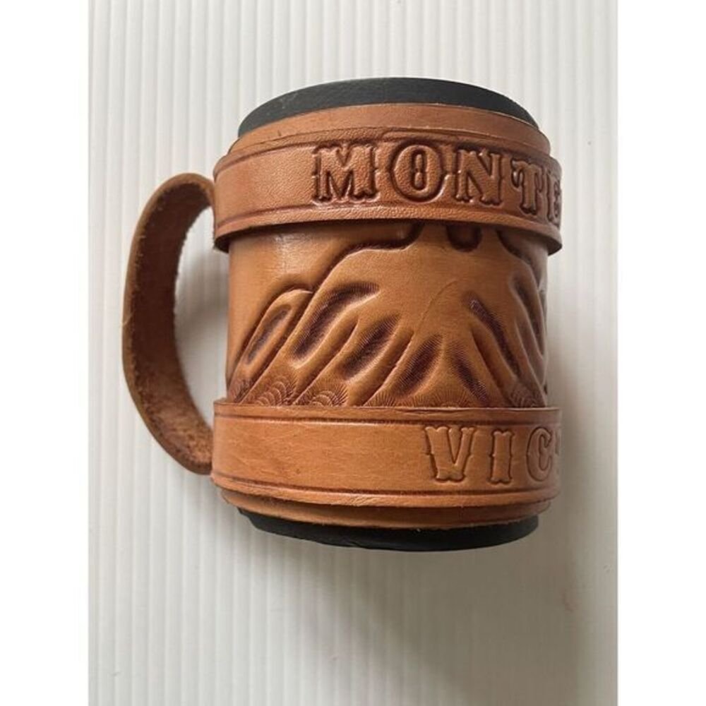 Hand Tooled Leather Beer Or Soda Can Coozies With Handle Monterey Vintage
